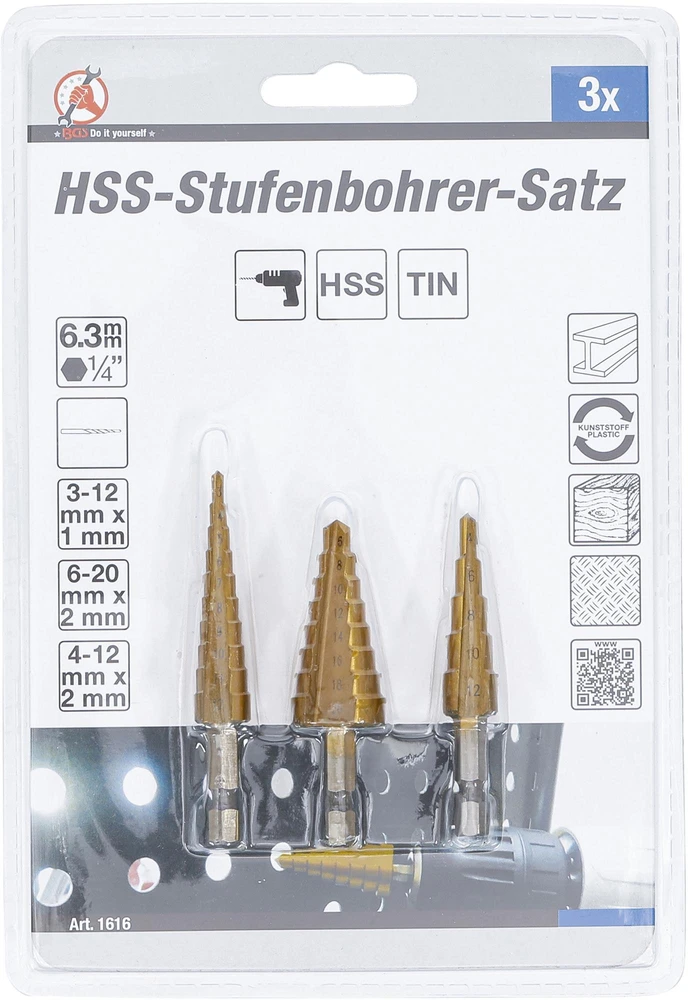 Grąžtas Bgs Technic HSS pakopinių grąžtų rinkinys | 3–20 mm | 3 vnt. (1616)