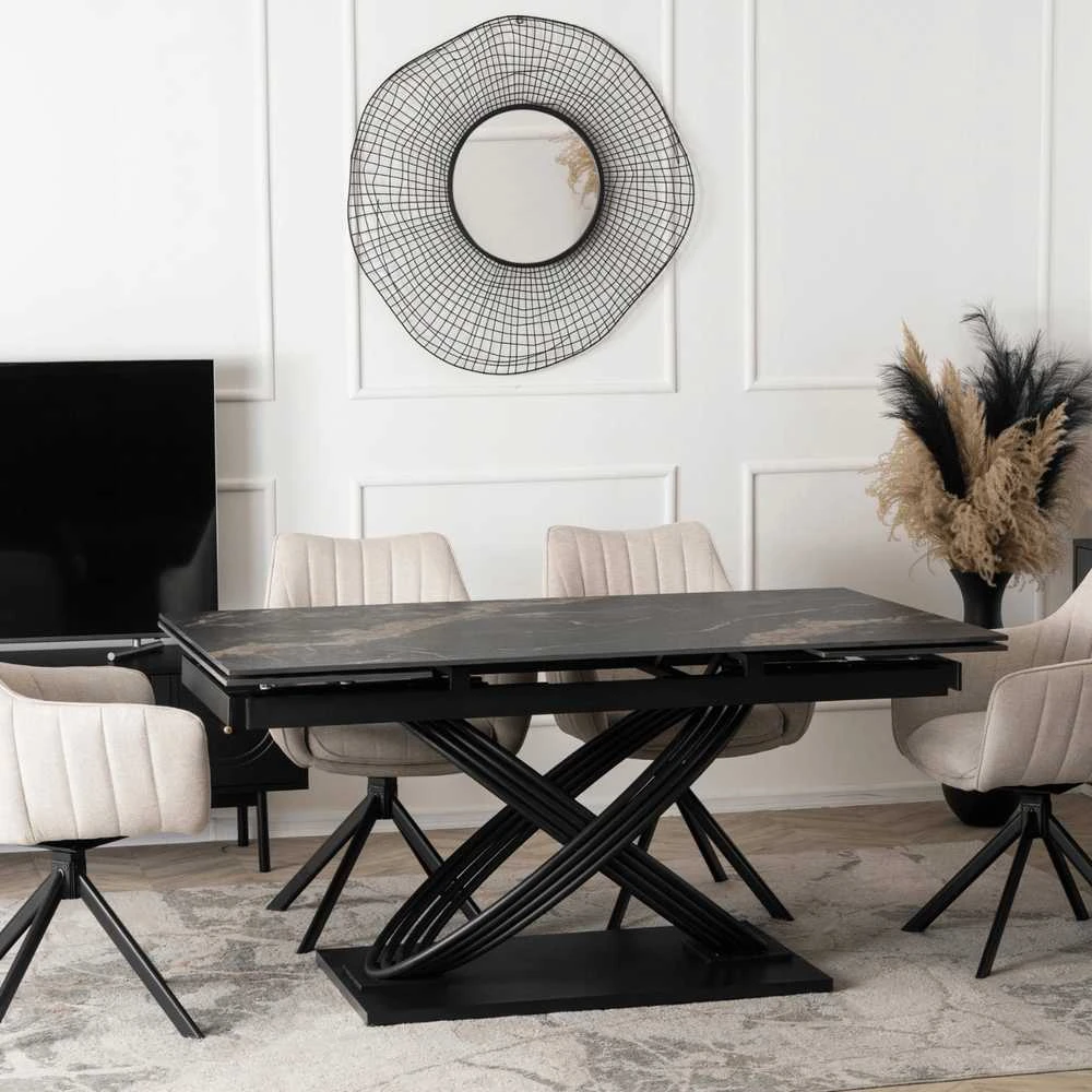IBIZA stačiakampis ištraukiamas stalas, 160–240 cm, keramika, juodas marmuras, moderniam valgomajam lofte