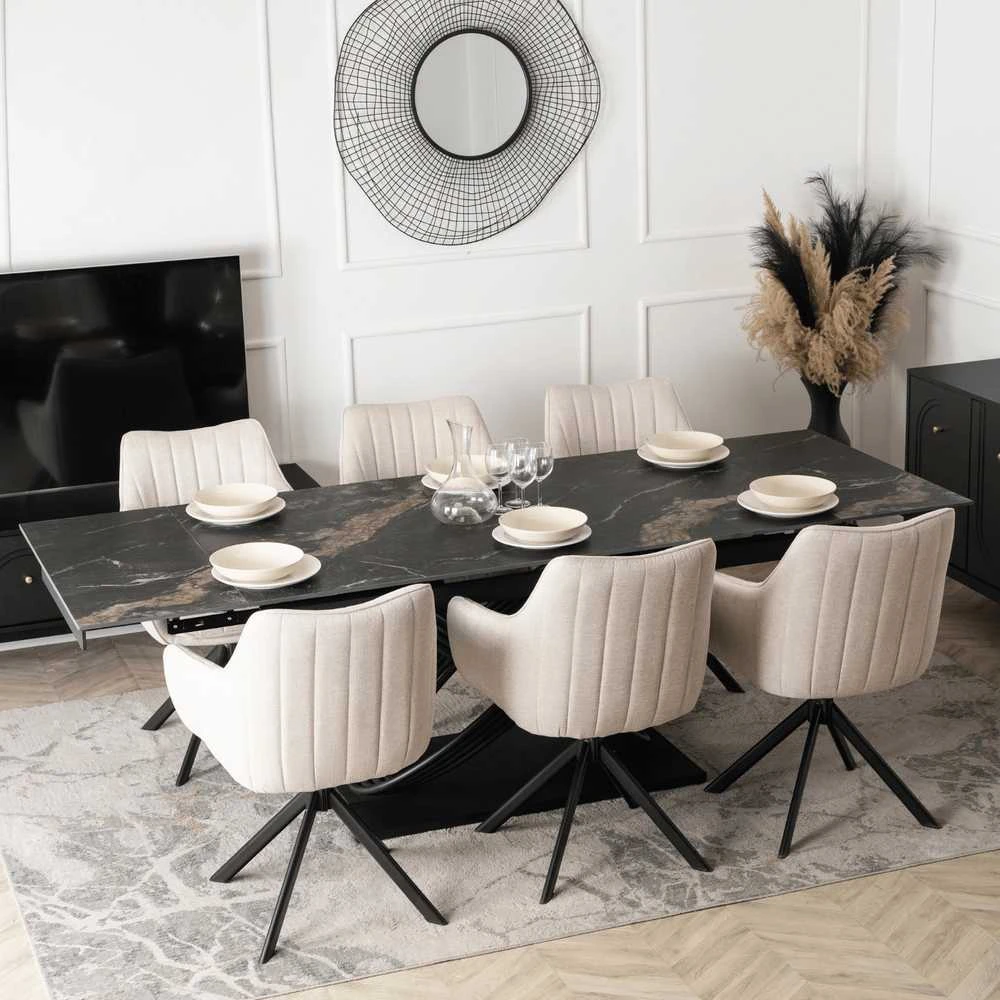 IBIZA stačiakampis ištraukiamas stalas, 160–240 cm, keramika, juodas marmuras, moderniam valgomajam lofte