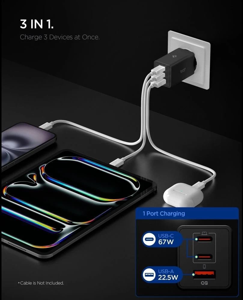 Įkroviklis Spigen Essential 67W Wall Charger EE673EU, juodas