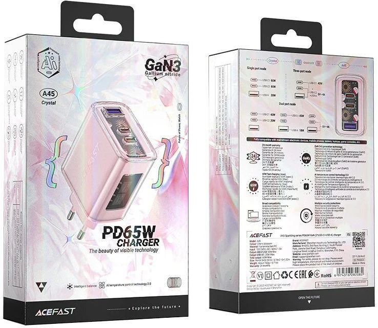 Sieninis įkroviklis Acefast A45, 2x USB-C, 1xUSB-A, 65W PD (rožinė)
