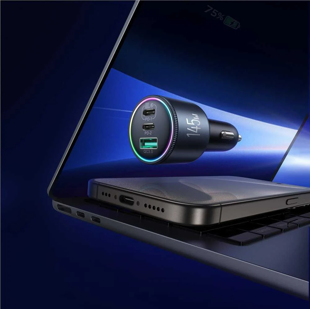 Joyroom Automobilinis įkroviklis Mini, C+C+U, 145W su C tipo į C tipo laidu, 100W, Juodas (JR-CCN07)