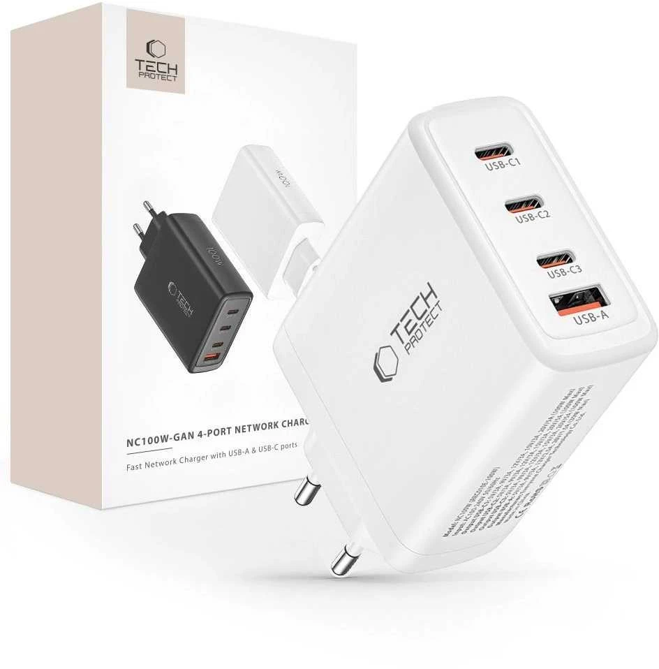 Laidinis įkroviklis 100W 3x USB-C PD + QC3.0 USB Tech-Protect NC100W-GAN baltos spalvos