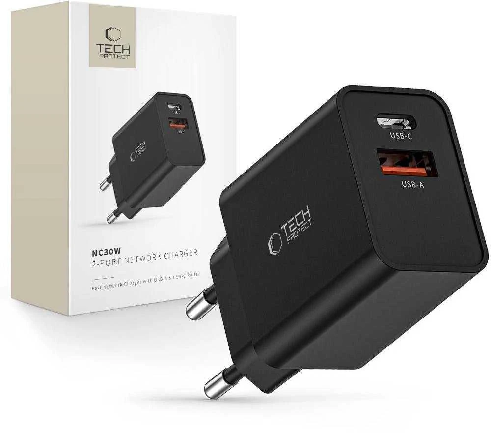 Laidinis įkroviklis 30W PD USB-C + QC3.0 USB Tech-Protect NC30W juodos spalvos
