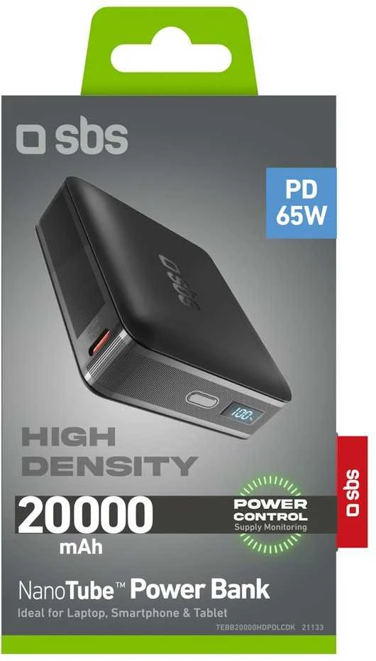 SBS HD 65W 20000mAh USB-C Power Bank with LCD Ekranas - Juodas