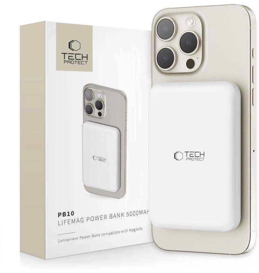 „Tech-Protect LifeMag PB10“ nešiojamoji baterija su „MagSafe“ 5000mAh 15W USB-C prievadu – baltos spalvos + USB-C kabelis