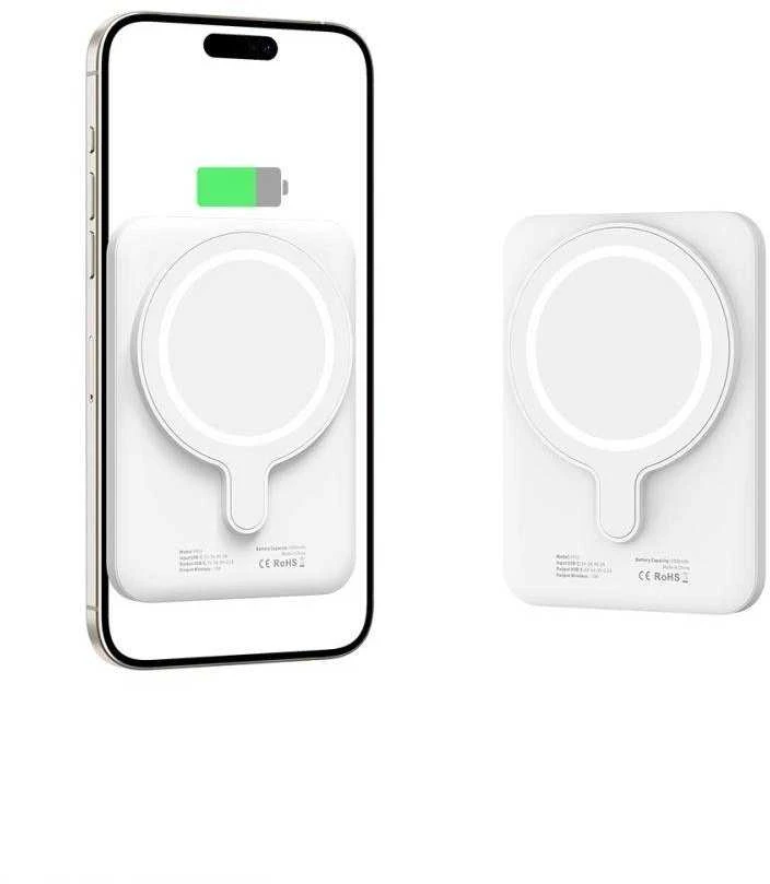 „Tech-Protect LifeMag PB10“ nešiojamoji baterija su „MagSafe“ 5000mAh 15W USB-C prievadu – baltos spalvos + USB-C kabelis