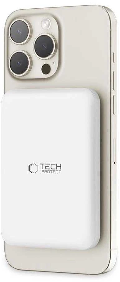 „Tech-Protect LifeMag PB10“ nešiojamoji baterija su „MagSafe“ 5000mAh 15W USB-C prievadu – baltos spalvos + USB-C kabelis
