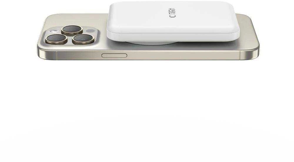„Tech-Protect LifeMag PB10“ nešiojamoji baterija su „MagSafe“ 5000mAh 15W USB-C prievadu – baltos spalvos + USB-C kabelis