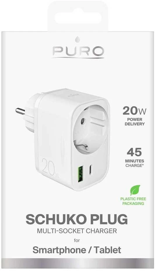 Puro 20W maitinimo įkroviklis su Schuko kištuku ir lizdu, 1x USB-C + 1x USB-A, baltos spalvos