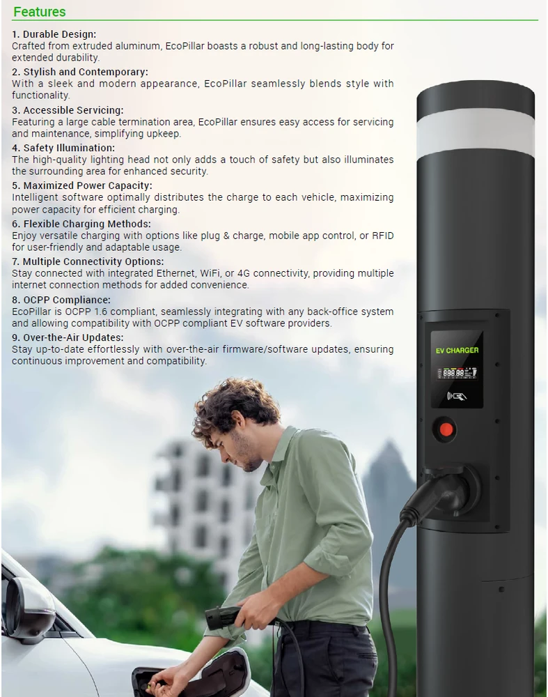 Įkrovimo stotelė EcoPillar 2x22kW su OCPP protokolu, valdymu Wi-fi
