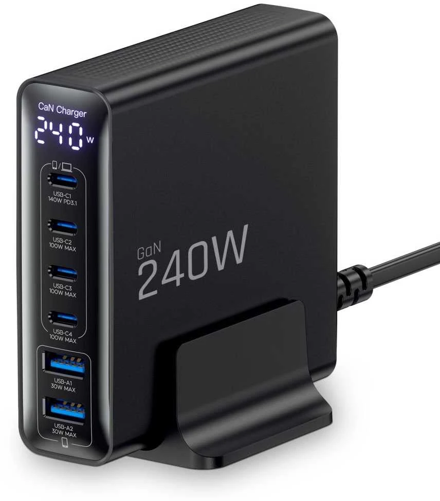 Tech-Protect DC240W-GAN 6 prievadų stalinis įkroviklis PD 240W / QC3.0 juodas