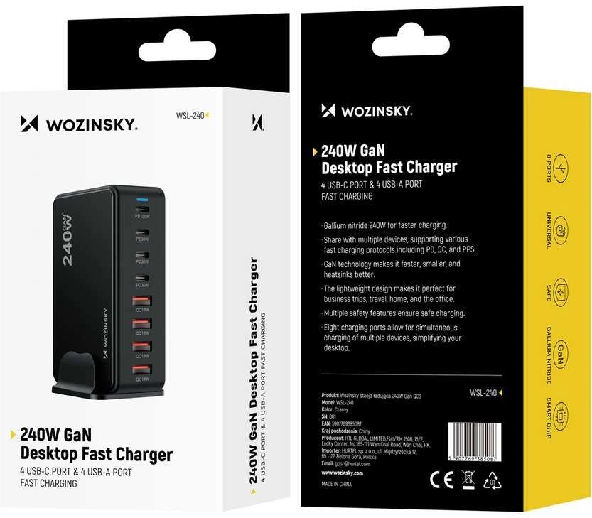 Stacja ładująca Wozinsky WSL-240 GaN QC3 - 200W - juoda