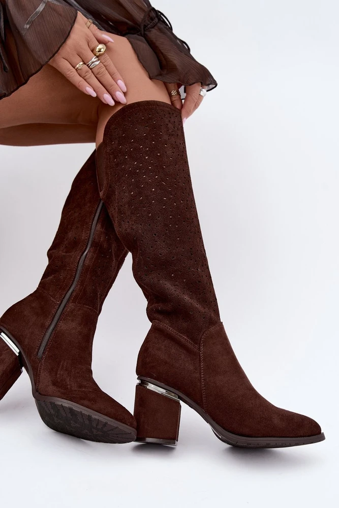 Ilgaauliai batai su storu kulnu, rudi