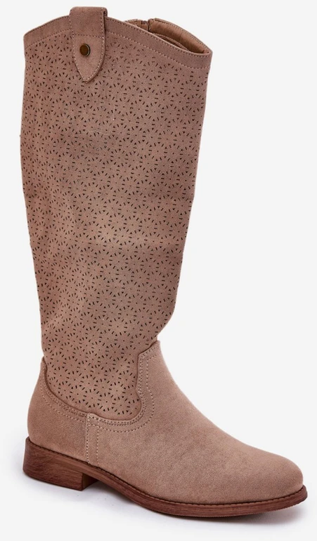 Ilgaauliai batai virš kelių su ažūriniu raštu, smėlio spalvos Step in style