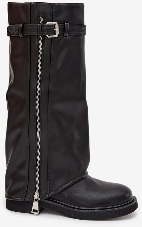 Ilgaauliai batai virš kelių su dirželiu ir užtrauktuku, juodi Step in style