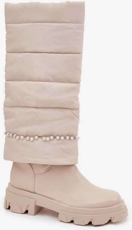 Ilgaauliai batai virš kelių su perlais, smėlio spalvos Step in style