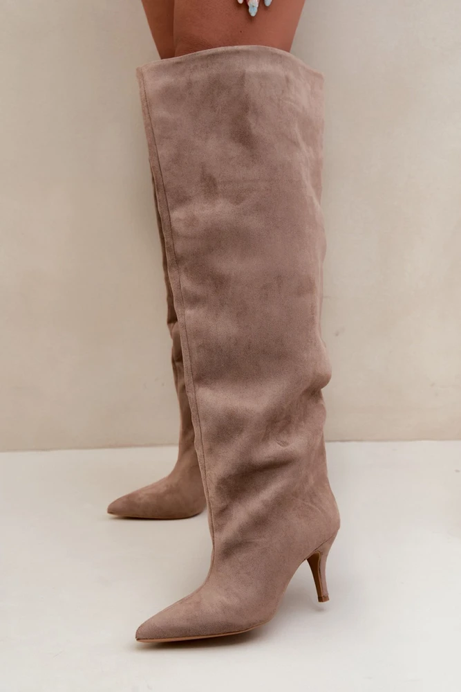 Ilgaauliai batai virš kelių su plonu kulnu, pilki Step in style