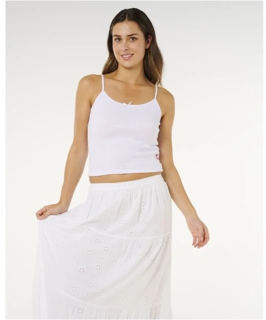 Ilgas sijonas su elastingu juosmeniu Rip Curl Oasis Broderie, baltas