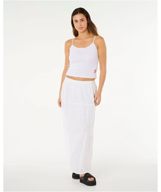 Ilgas sijonas su elastingu juosmeniu Rip Curl Oasis Broderie, baltas