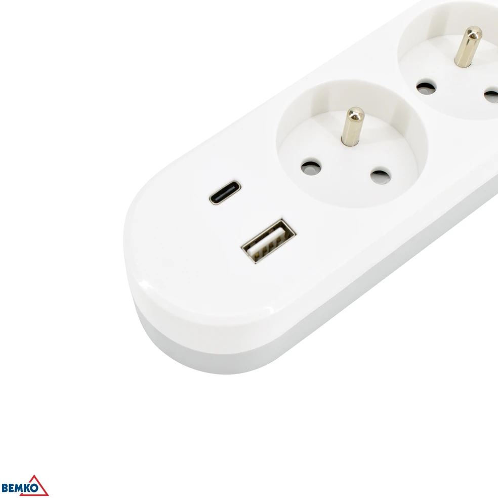 Bemko Ilgintuvas, 3-vietis, 2m, su 2x USB(C+A), baltas, max 3500W