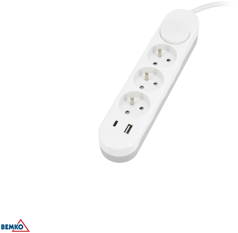 Bemko Ilgintuvas, 3-vietis, 2m, su 2x USB(C+A), baltas, max 3500W