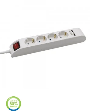 Ilgintuvas 4-vietis V-TAC, 2 usb jungtys, baltos spalvos, šviečiantis įjungimo mygtukas