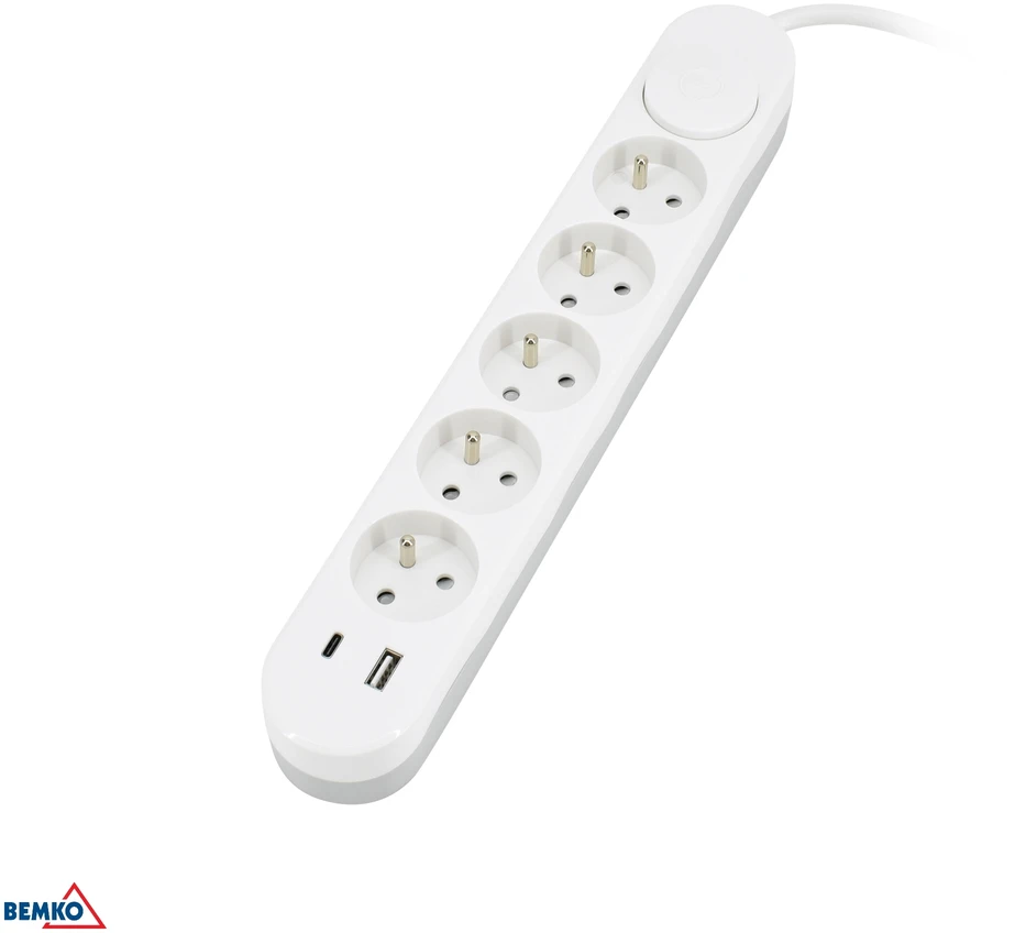 Bemko Ilgintuvas, 5-vietis, 2m, su 2x USB(C+A), baltas, max 3500W