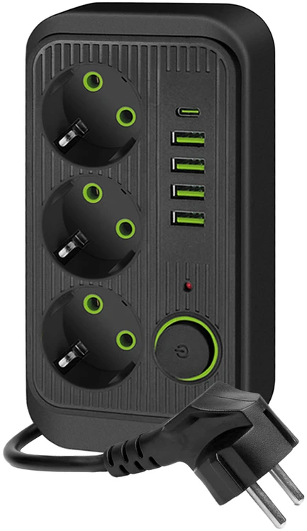 Ilgintuvas LINEA PRO, 3 kištukinių lizdų, 4xUSB-A, 1xUSB-C, su jungikliu, juodas, 1,5m