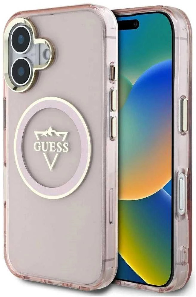 Dėklas Guess IML Metal Mountain Logo MagSafe Apple iPhone 16 rožinės spalvos