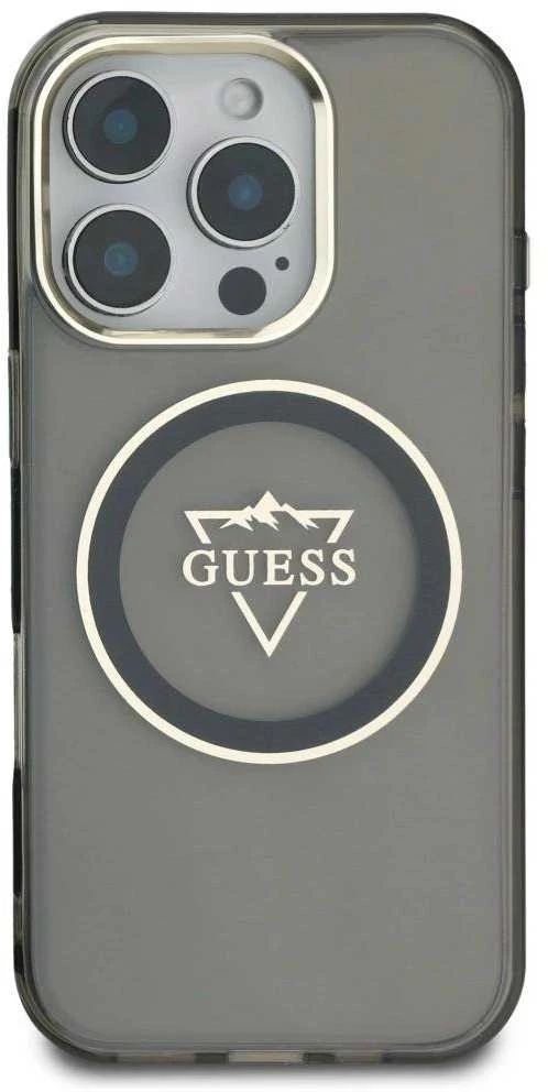 Dėklas Guess IML Metal Mountain Logo MagSafe Apple iPhone 16 Pro juodos spalvos
