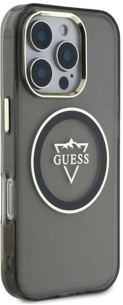 Dėklas Guess IML Metal Mountain Logo MagSafe Apple iPhone 16 Pro juodos spalvos