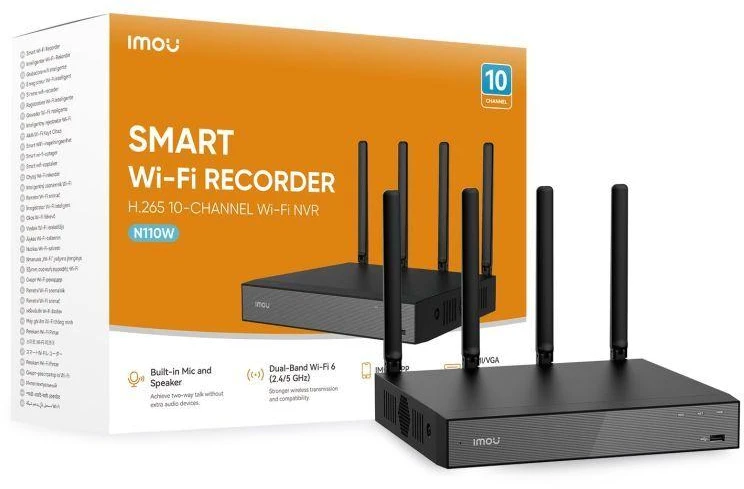 IMOU 10 kanalų įrašymo įrenginys, 4 WiFi antenos, 6 mikrofonai, garsiakalbis, HDMI, VGA, NVR-N110W-8A0E