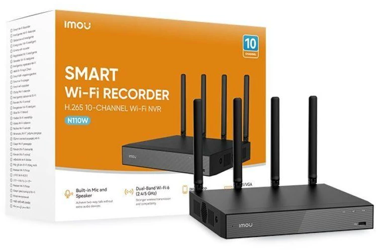 IMOU 10 kanalų įrašymo įrenginys, 4 WiFi antenos, 6 mikrofonai, garsiakalbis, HDMI, VGA, NVR-N110W-8A0E