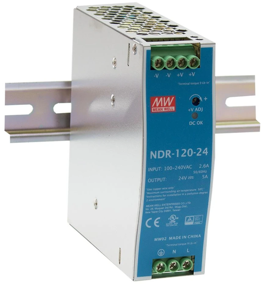 Solar Plus Impulsinis maitinimo šaltinis 24V 120W 5A, tvirtinamas ant DIN bėgio, MEAN WELL, NDR-120-24