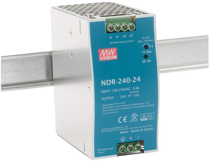 Solar Plus Impulsinis maitinimo šaltinis 24V 240W 10A, tvirtinamas ant DIN bėgio, MEAN WELL, NDR-240-24