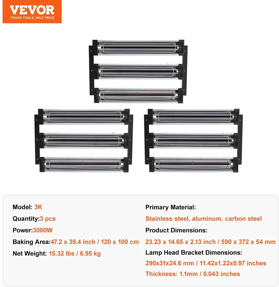 VEVOR 3x infraraudonųjų spindulių lempa 3 kW