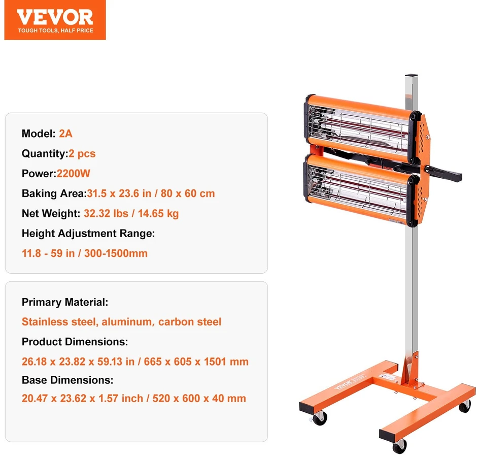 VEVOR 2200W infraraudonųjų spindulių lempa dažų džiovinimui