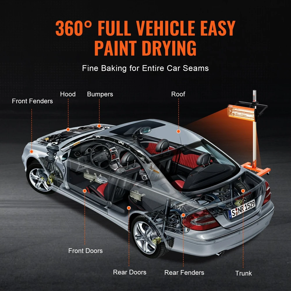 VEVOR 1500W infraraudonųjų spindulių lempa automobilių dažų džiovinimui
