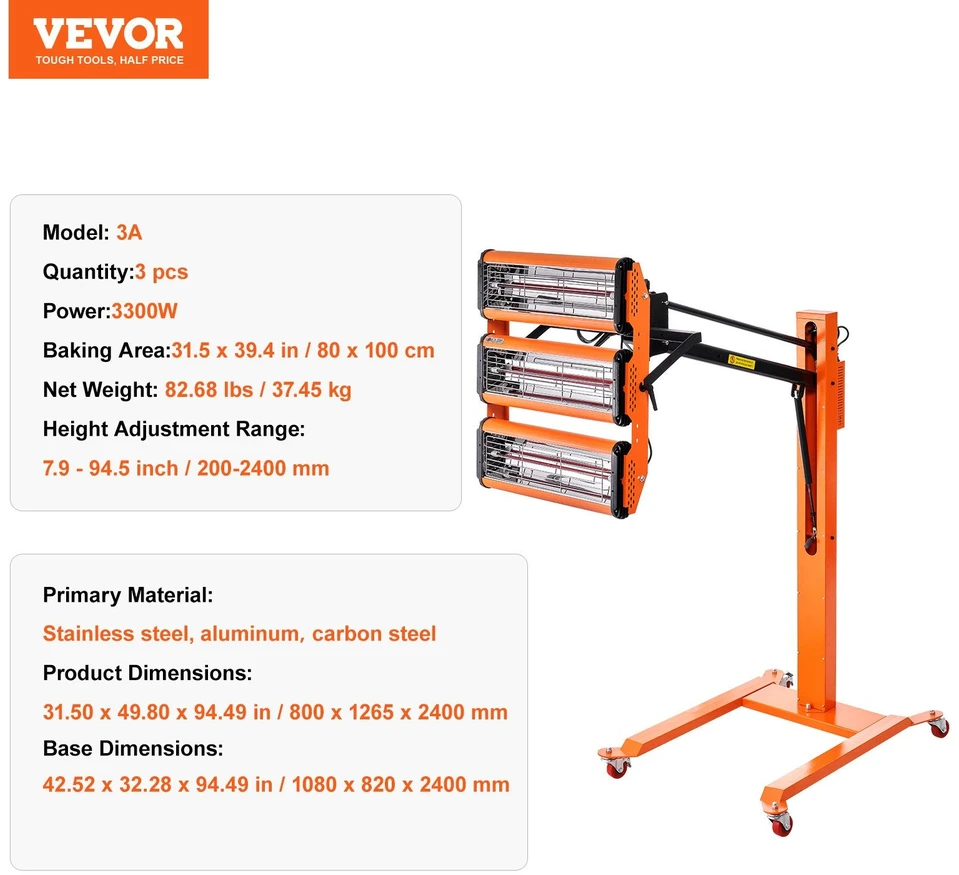 VEVOR 3300 W infraraudonųjų spindulių dažų džiovinimo lempa