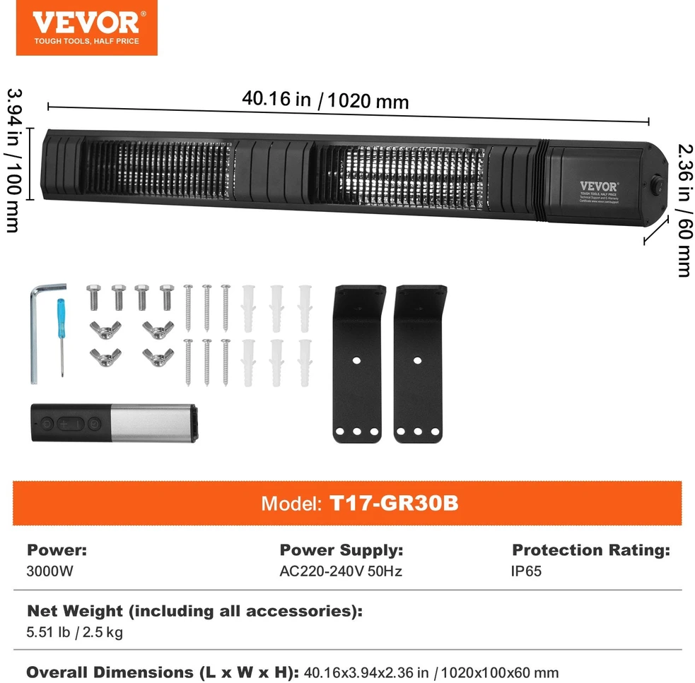 VEVOR Infraraudonųjų spindulių šildytuvas 3000W su nuotolinio valdymo pultu