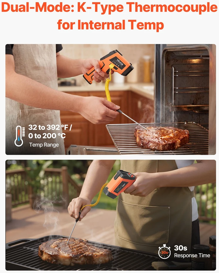 Infraraudonųjų spindulių termometras (pirometras) VEVOR GT1200, -30°C iki 1200°C