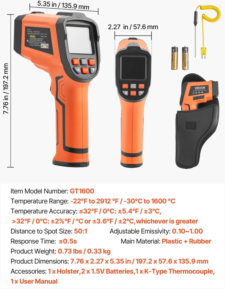 Infraraudonųjų spindulių termometras VEVOR GT1600, nuo -30°C iki 1600°C