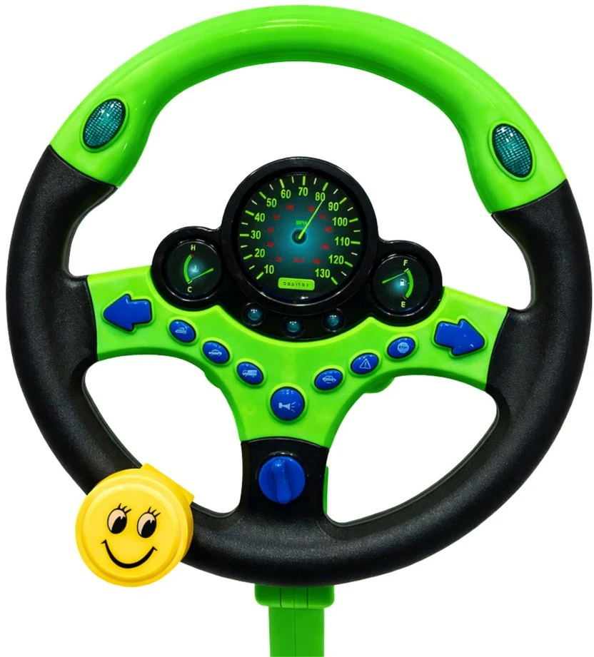 Interactive Steering Wheel on Stand with Pedals Lights Sounds Žalias