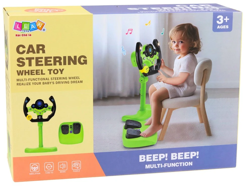 Interactive Steering Wheel on Stand with Pedals Lights Sounds Žalias