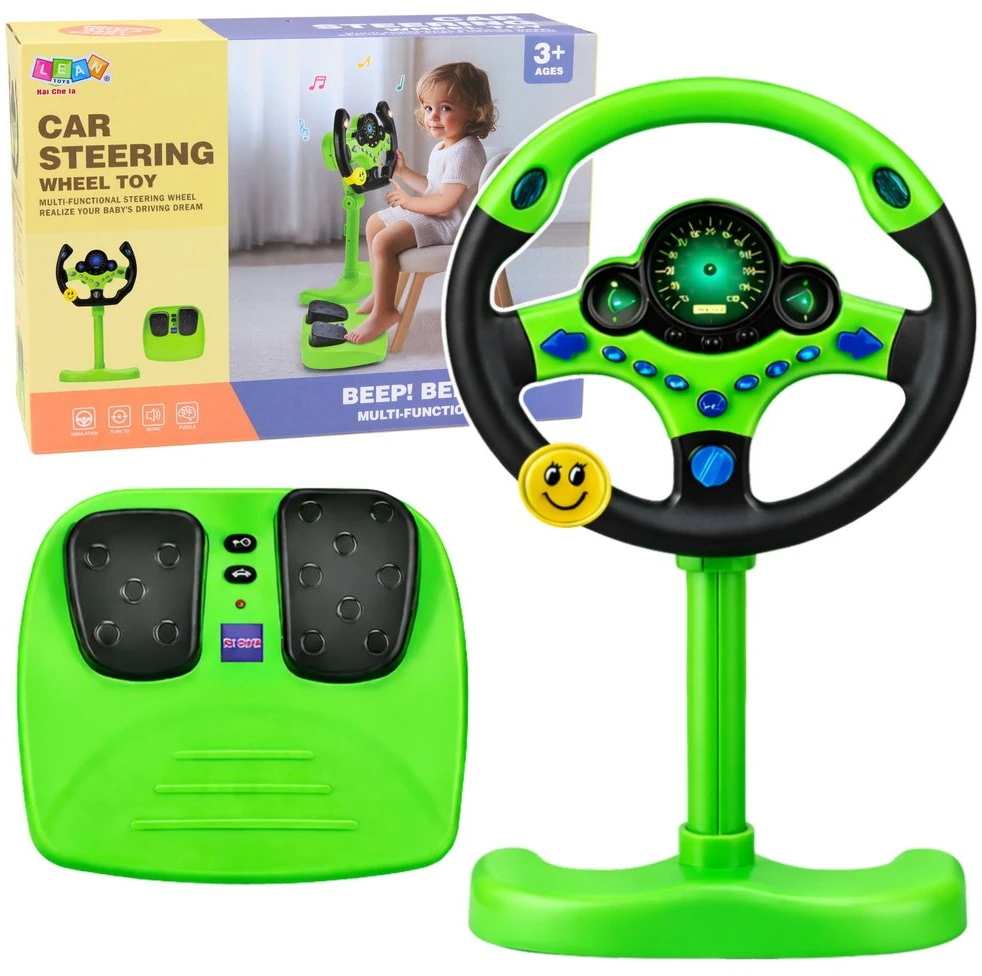 Interactive Steering Wheel on Stand with Pedals Lights Sounds Žalias