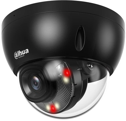 „Dahua Technology Co“ IP kameros kupolas. 4MP 1/2,9 colio CMOS, 2,8 mm, 101° F1.6, 20–25 kadrų per sekundę, IR+LED 30 m, WDR, IVS, IP67, IK10, mikrofonas.