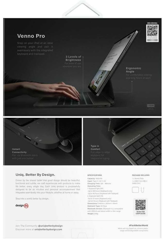 Uniq Venno Pro magnetinis išmanusis dėklas su klaviatūra, skirtas iPad Pro 11" (2024/2025) - Juodas