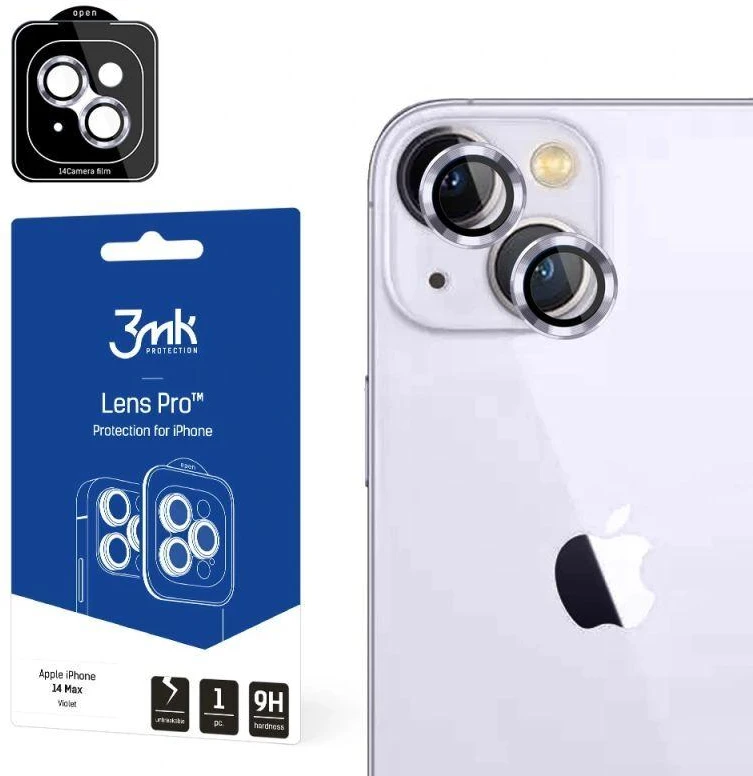 3MK „Lens Protection Pro“, skirta iPhone 14 Plus 6,7 colio, violetinė, fotoaparato objektyvo apsauga su montavimo rėmeliu