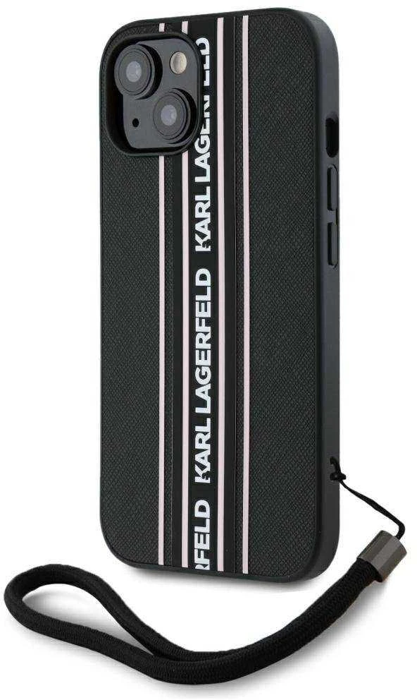 Karl Lagerfeld PU Saffiano Athleisure Stripe and Strap dėklas telefonui Apple iPhone 15 rožinės spalvos